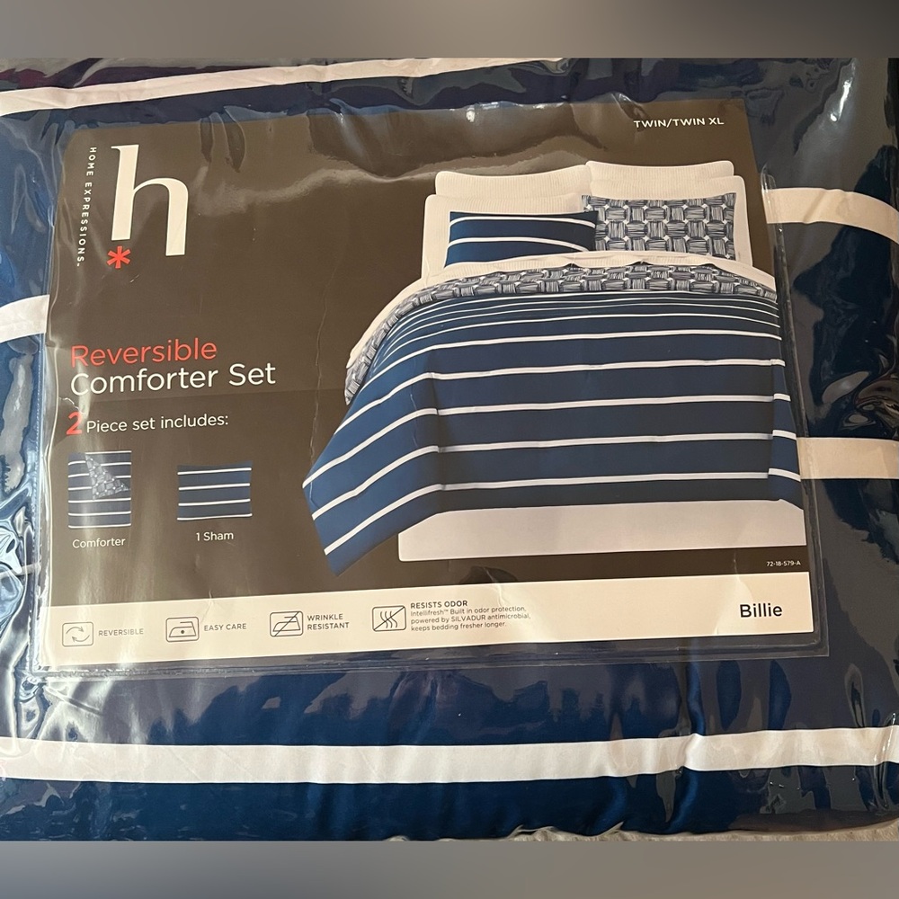NEW Home Expressions “Billie” Twin/Twin XL Reversible Comforter Set – Blue White